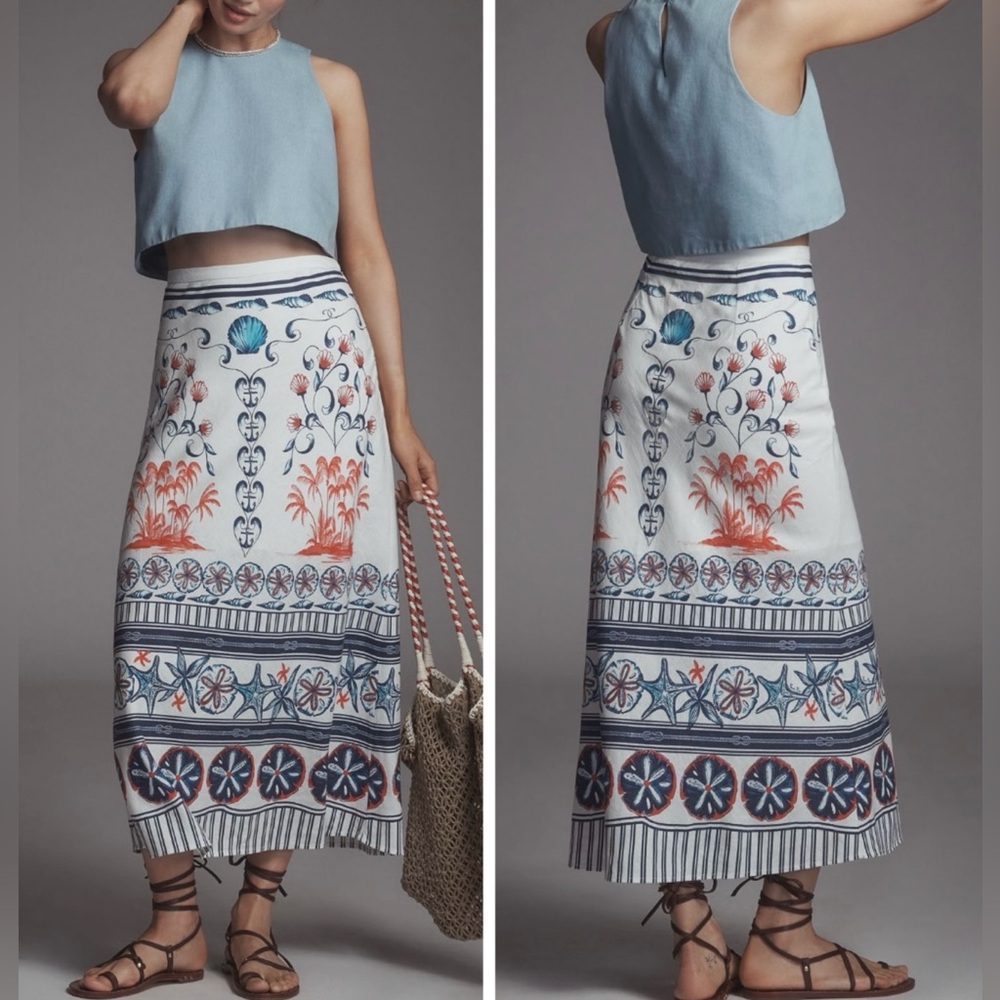 Farm Rio Printed Linen Blend Midi Skirt, Size L